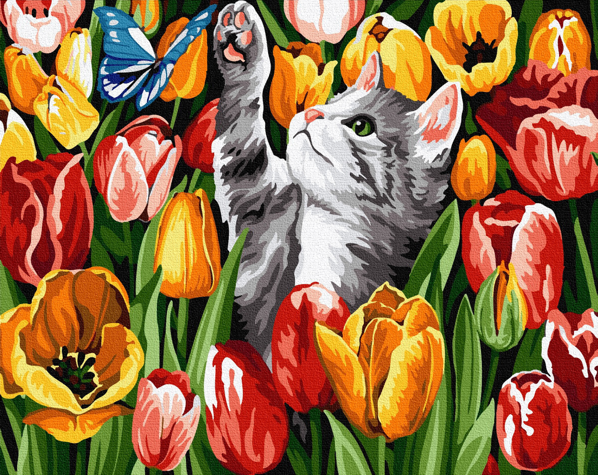 Картина за номерами BrushMe "Котик у тюльпанах" 40х50 см GX27243