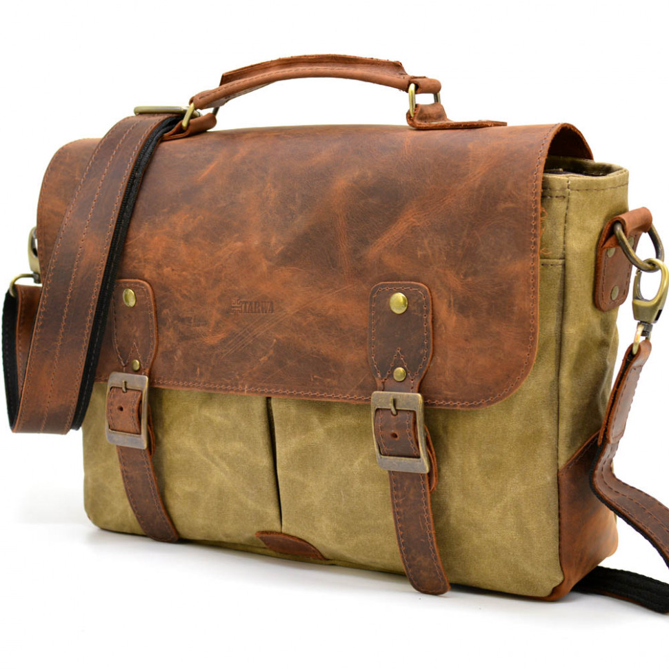 Мужская сумка-портфель водостойкий канвас и кожа RYc-3960-3md TARWA Светло-коричневый