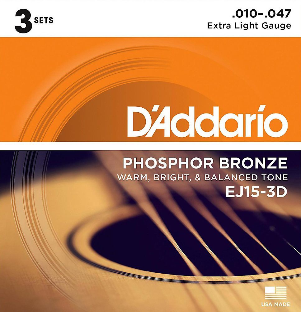 Струни для акустичної гітари D'Addario EJ15-3D Phosphor Bronze Extra Light Acoustic Guitar Strings 10/47