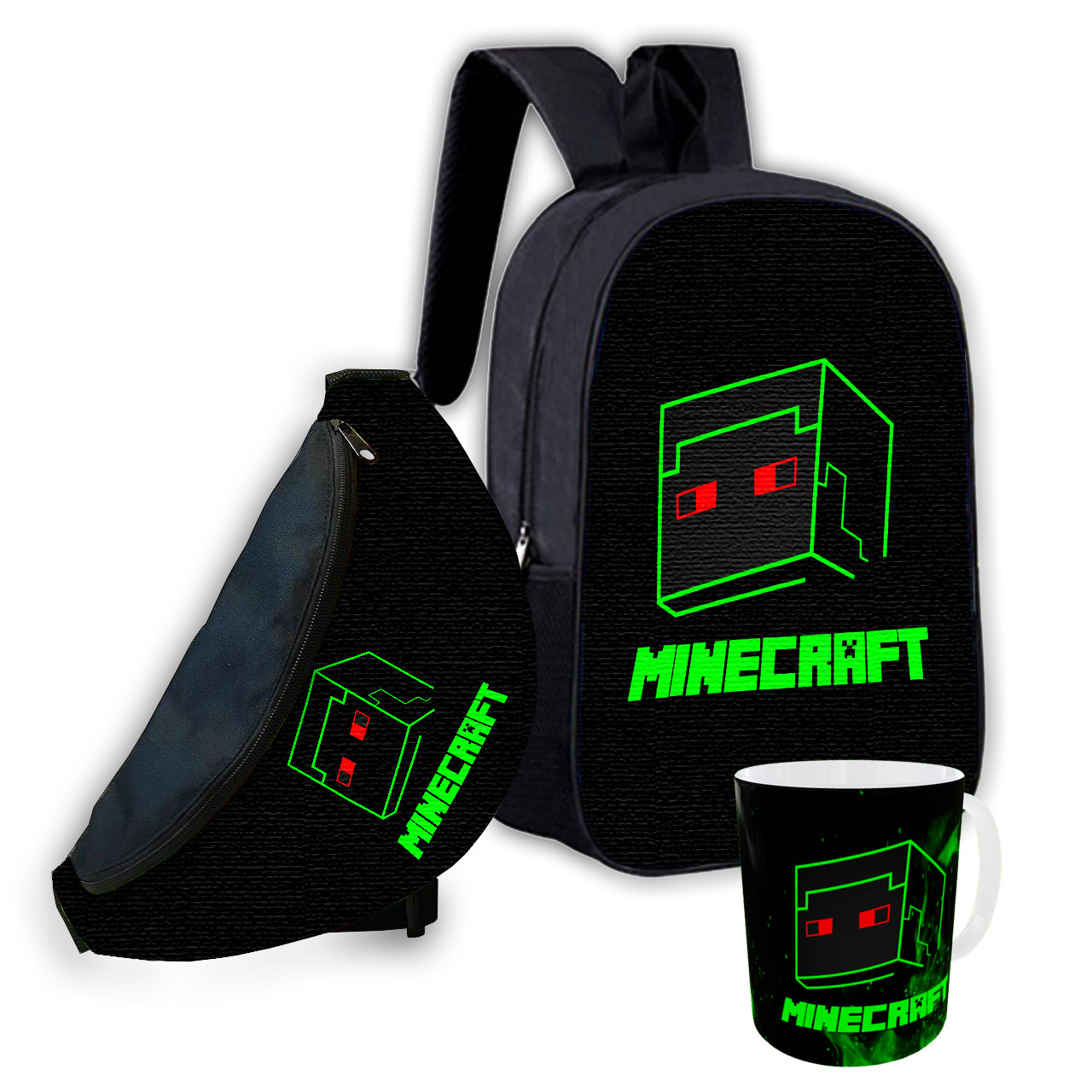Дитячий набір: рюкзак, сумка-бананка, кружка Крипер Minecraft (3 предмети)
