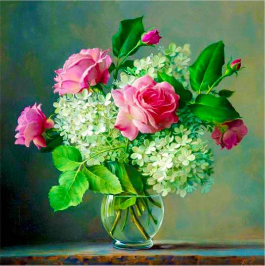 Картина алмазами Даймонд Гортензия и розы 30*30 1шт (0203)