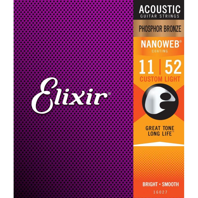 Струны для акустической гитары Elixir 16027 Nanoweb Phosphor Bronze Acoustic Custom Light 11/52