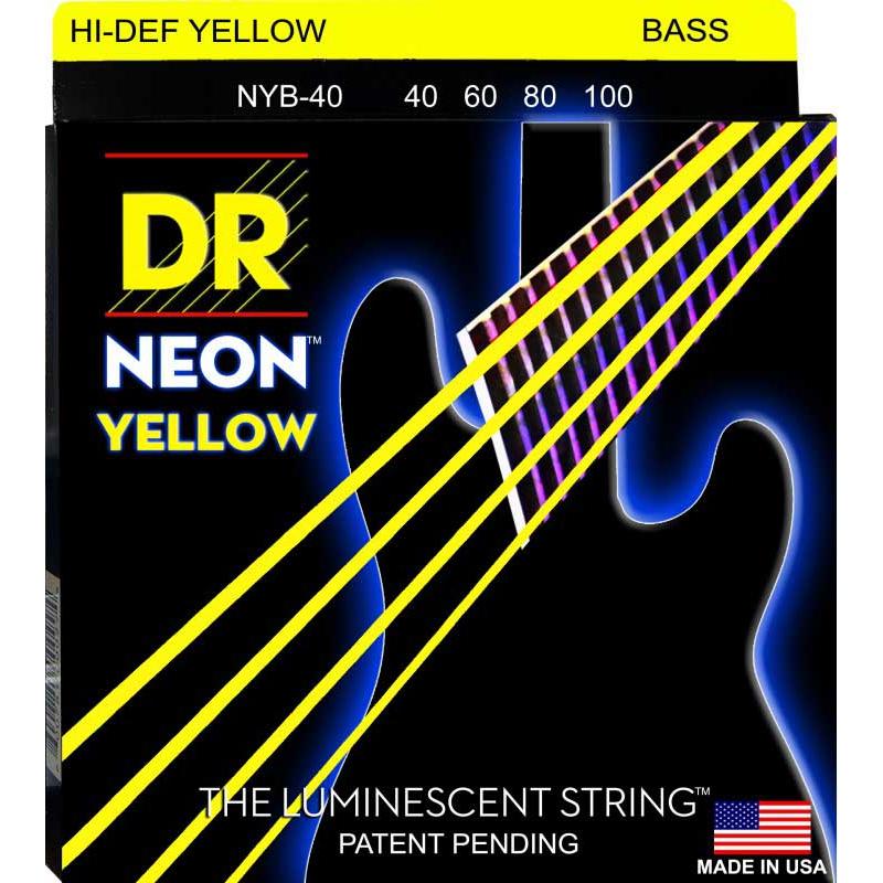 Струны для бас-гитары DR NYB-40 Hi-Def Neon Yellow K3 Coated Light Bass Guitar 4 Strings 40/100