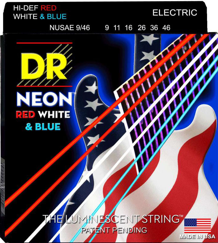 Струны для электрогитары DR NUSAE-9/46 Hi-Def Neon Red White Blue K3 Coated Light Electric Guitar Strings 9/46