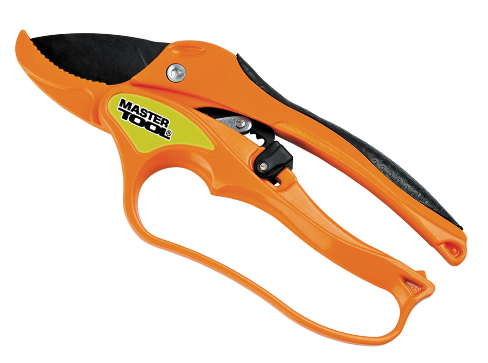 Секатор садовый MASTERTOOL с храповым механизмом 200 мм ручки AL+TPR лезвие Mn65+тефлон наковальня 14-6112