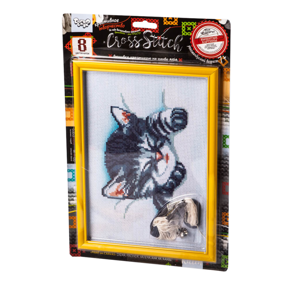 Набор для вышивки крестиком на канве Серый кот Danko Toys VKB-01-04 8 цветов ниток