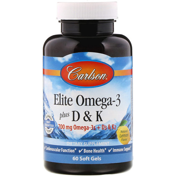 Омега 3 Carlson Labs Elite Omega-3 Plus D & K 60 Soft Gels Natural Lemon Flavor CAR-17510