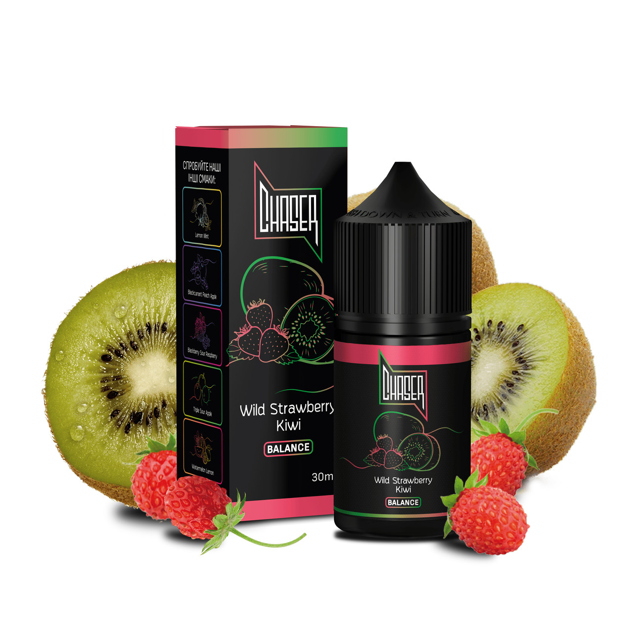 Солевая жидкость для вейпа CHASER Black Balance: KIWI WILD STRAWBERRY 30 ml 50 mg Земляника киви (15287-hbr)