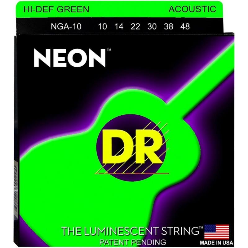 Струны для акустической гитары DR NGA-10 Hi-Def Neon Green K3 Coated Extra Lite Acoustic Guitar Strings 10/48