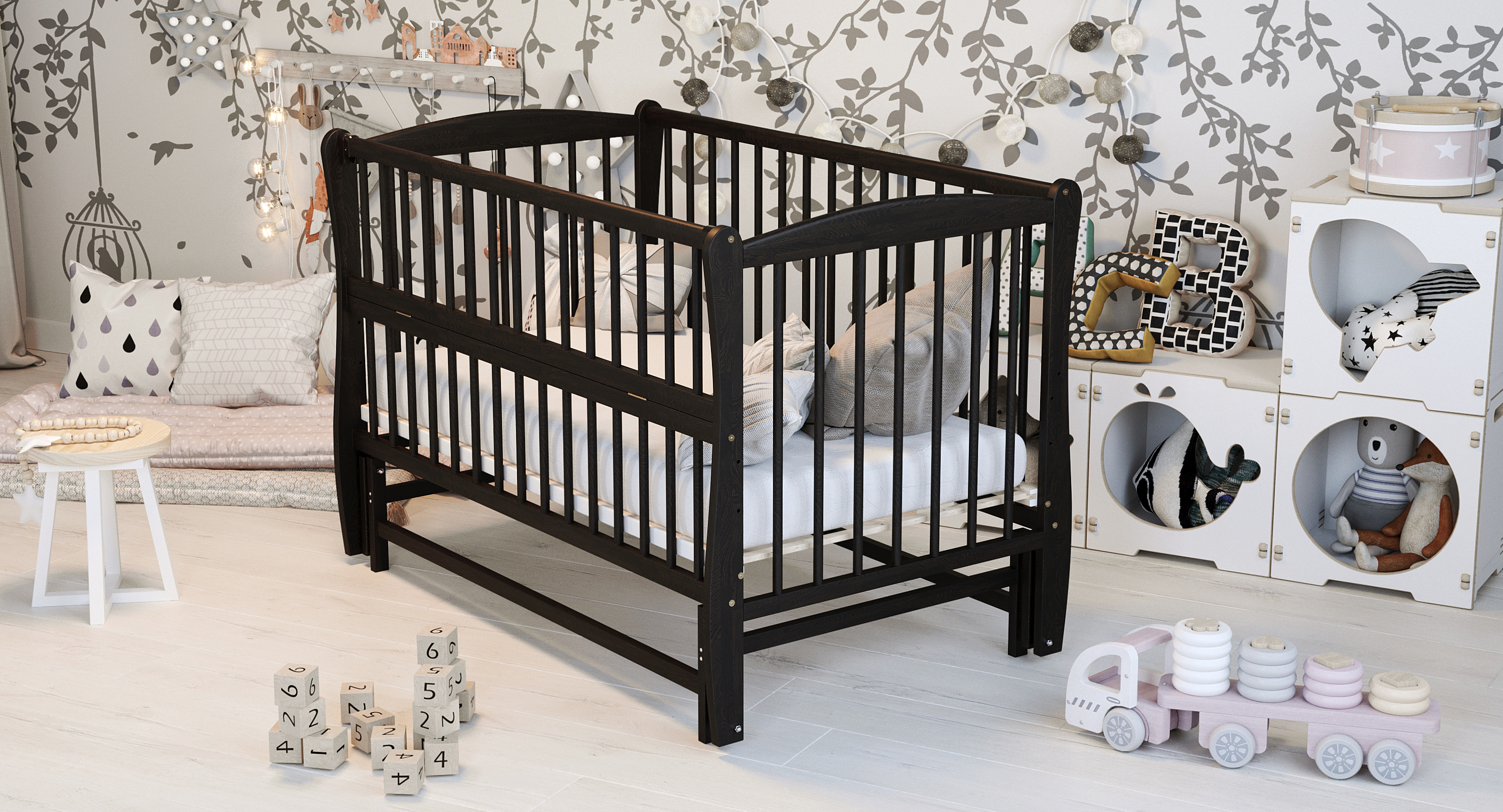 Ліжко дитяче Дубик-М Еліт на шарнірах з підшипником + відкидна боковина + різьблення темний венге