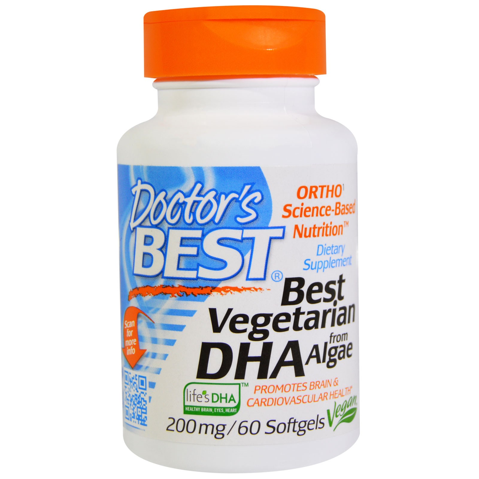 Веганский DHA докозагексаеновая кислота на Основе Водорослей 200мг Life's DHA Doctor's Best 60 желатиновых капсул