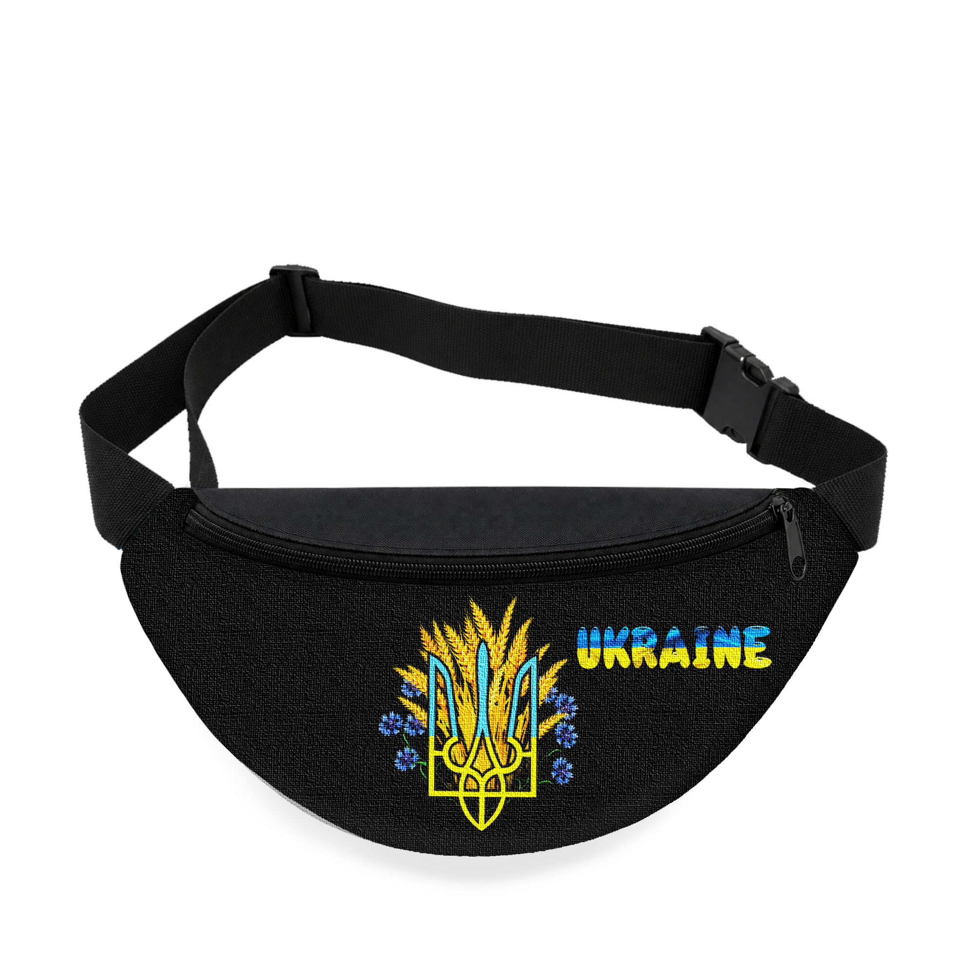 Дитяча сумка-бананка з гербом України, чорна, оксфорд, 32х15х7.5 см