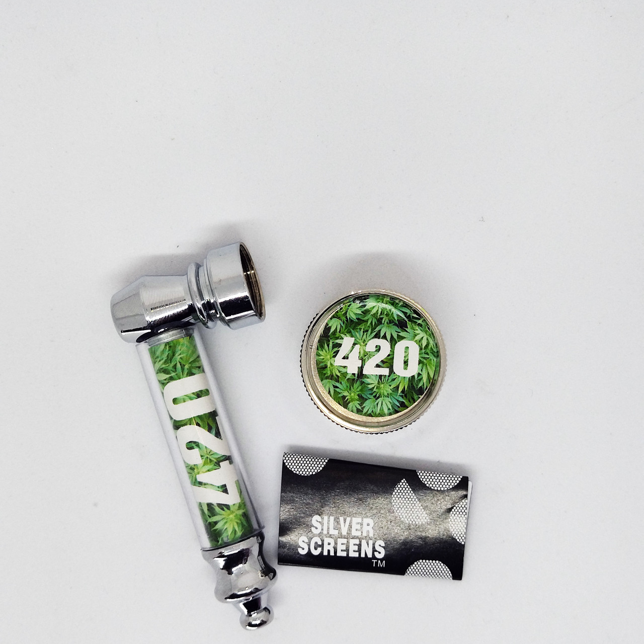 Трубка курительная и гриндер для измельчения табака Lighter HL-YD-305 Конопля 420 Silver (16622)