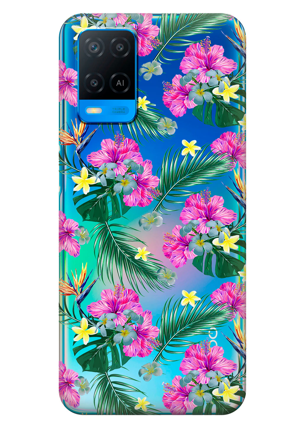 Прозрачный силиконовый чехол iSwag для OPPO A54 с рисунком - Тропические цветы (KS14529)