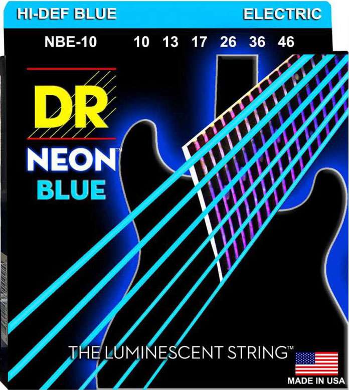 Струни для електрогітари 6 шт DR NBE-10 Hi-Def Neon Blue K3 Coated Medium Electric Guitar Strings 10/46