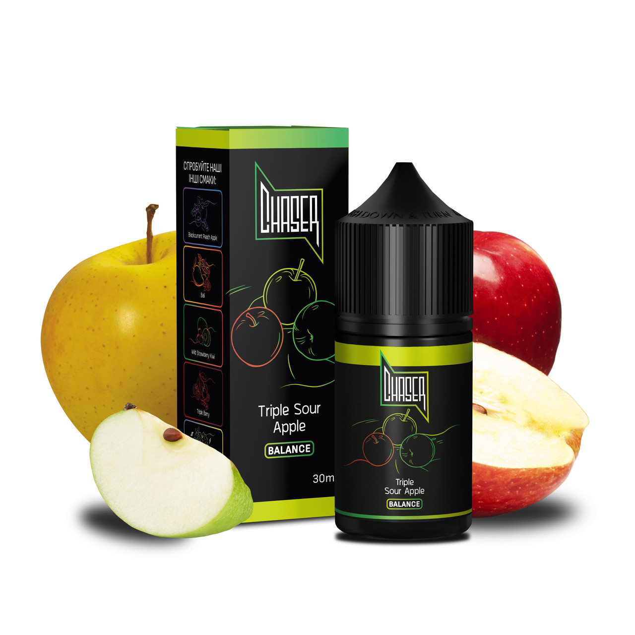 Солевая жидкость для вейпа CHASER Black Balance: TRIPLE SOUR APPLE 30 ml 50 mg Кислое яблоко (15293-hbr)