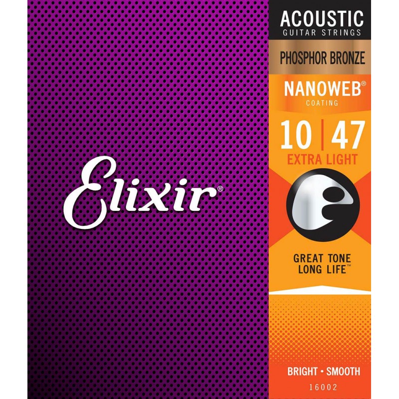 Струни для акустичної гітари Elixir 16002 Nanoweb Phosphor Bronze Acoustic Extra Light 10/47