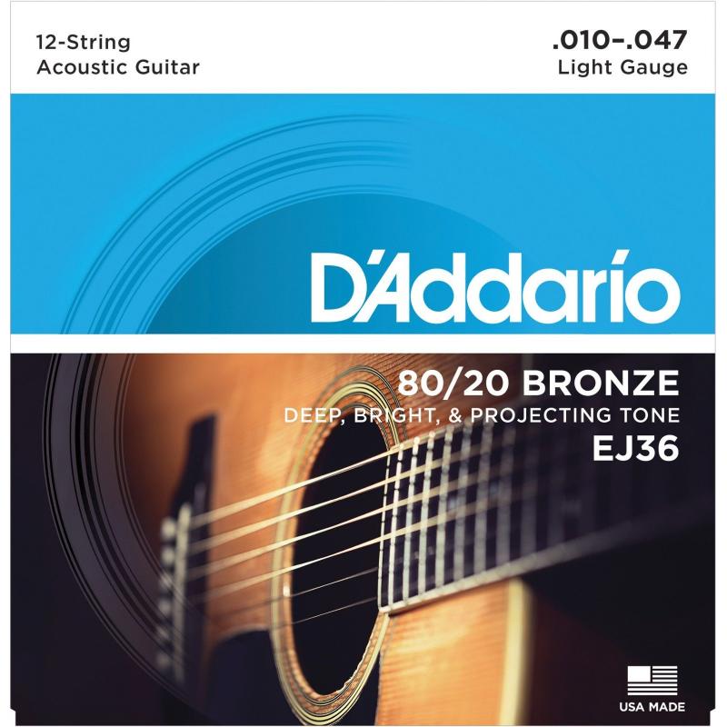 Струны для акустической гитары D'Addario EJ36 80/20 Bronze Extra Light Acoustic Guitar 12-Strings 10/47