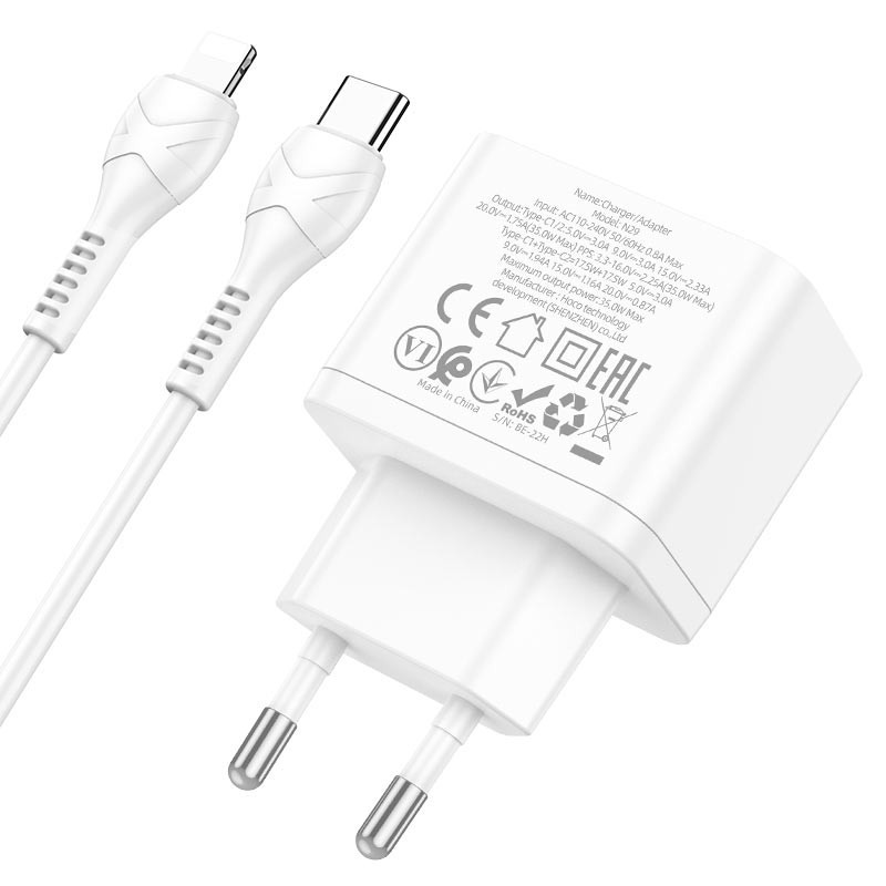 Зарядное устройство Hoco N29 Triumph wall charger dual Type C 35W output EU plug Type-C to Lightning Белый